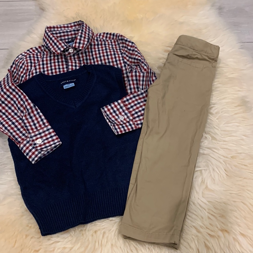 Andy & Evan Striped Button Shirt, Blue Knit Vest and Khaki Pants in 2T